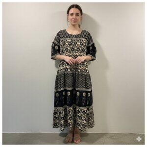 LA CERA Midi Boho Tiered Short Sleeve Oversize Dress Black/Cream Woman Size L